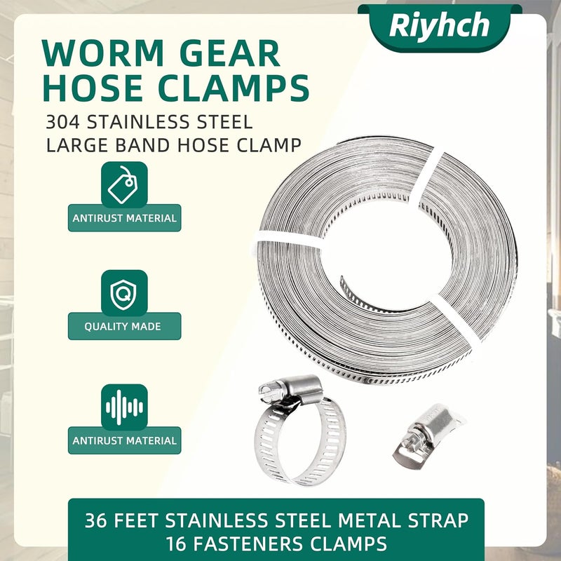 Riyhch 36 FT Hose Clamp Assortment Kit, 304 Stainless Steel Large Band Hose Clamp Metal Strap + 16 Stronger Fasteners, Adjustable Worm Gear Hose Clamps Screw Clamps - Image 2
